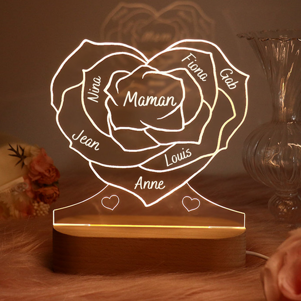 Lampe de chevet LED Rose 6 prénoms personnalisée avec texte Jessemade FR