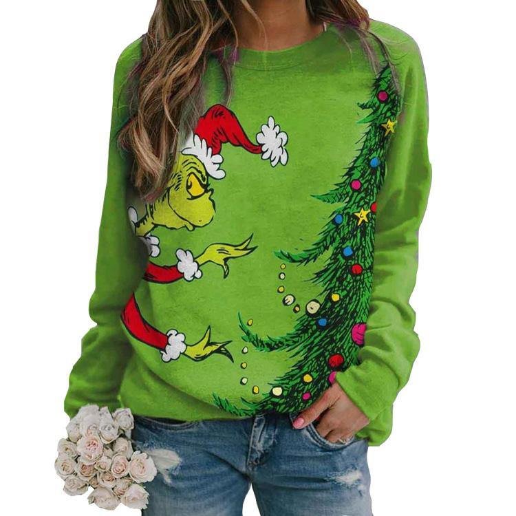 Grinch Long Sleeve Sweatshirt for Women Christmas Pullover Crew Neck Loose Sweater