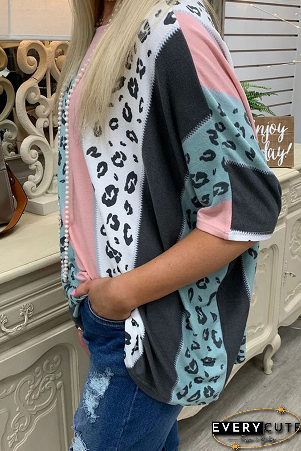 Loose Colorblock Leopard Print T-shirt