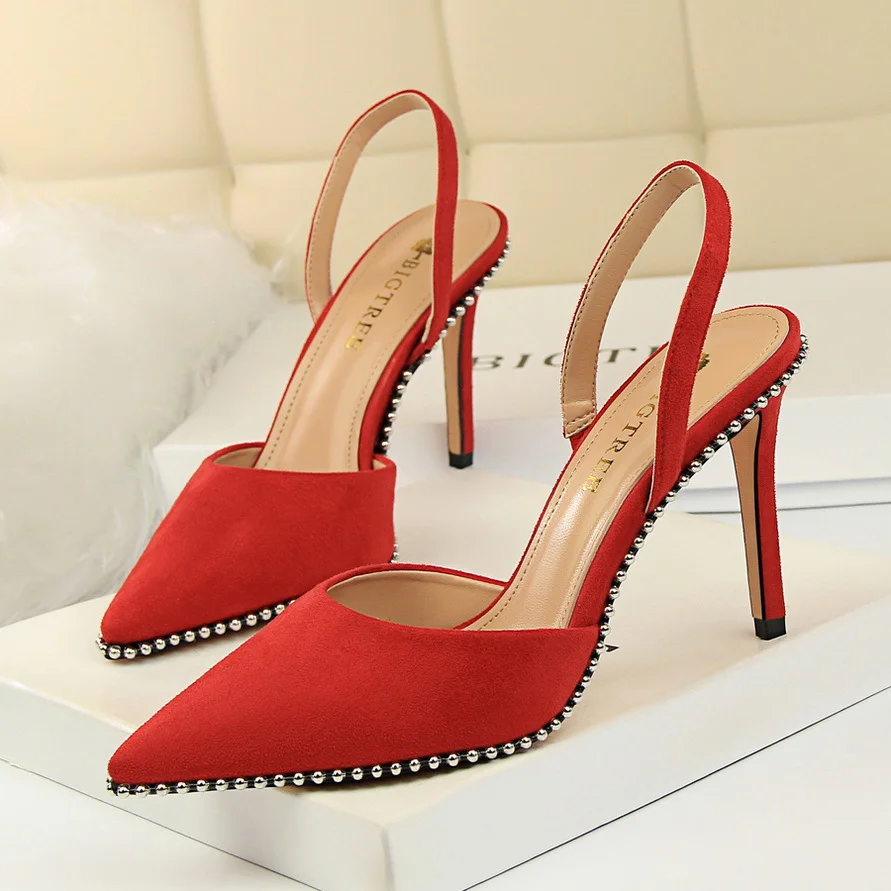 Colourp Colourp Sexy Nightclub Look Thin With Suede Shallow Hollow Back Trip Belt Rivevet Pointed Women's Sandals