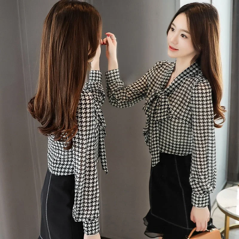 Bow Lattice Long Sleeve Chiffon Shirts Blusa Mujer Elegante Blouses Woman Blusas Mujer De Moda 2022 Offfice Ladies Tops 6436 50