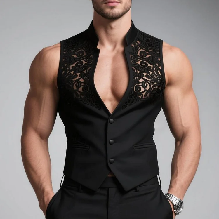 Okaywear Lace Patchwork Stand Collar Three Button Sleeveless Vest 