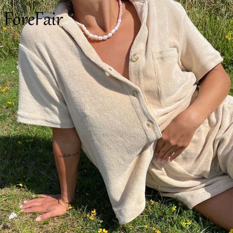 Forefair Towel Shirt and Shorts Summer Sets Velour Fashion 2021 Casual Loose Lounge  Women Two Piece  Sets
