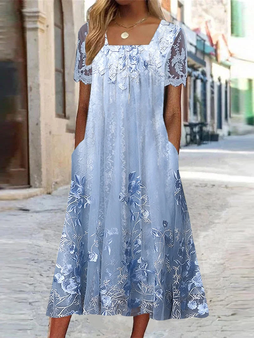 Women's Short Sleeve Square Collar Floral Printed Lace Stitching Midi Dress