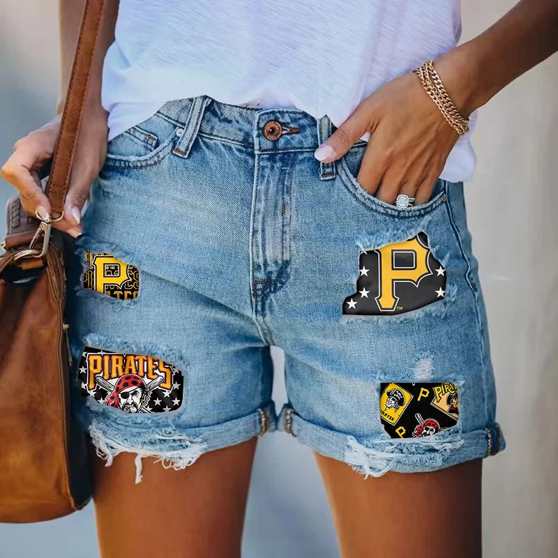 Pittsburgh Pirates distressed cutoff denim shorts - women