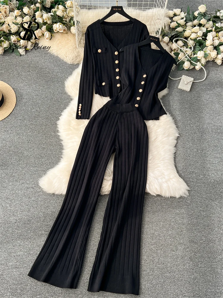 Huibahe Senior Knitted Suits Fashion Metal Button Vest+V Neck Long Sleeves Cardigans+Wide Legs Pants Stripe Three Pieces Sets