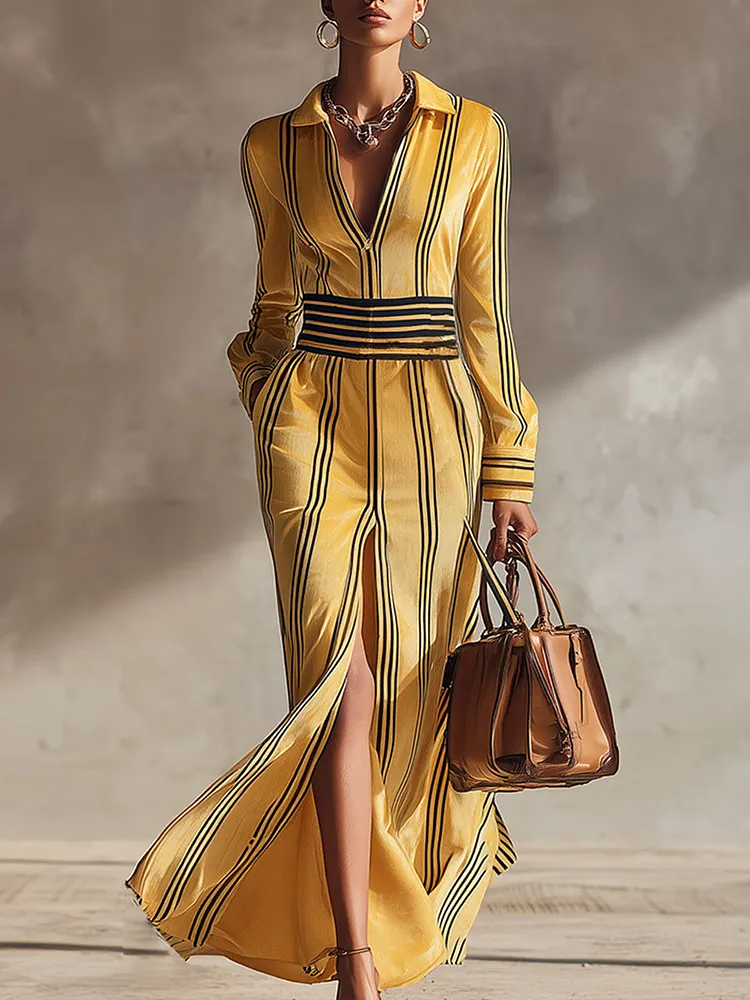 Chic Urban Warm Yellow Striped Printed Velvet Maxi Dress