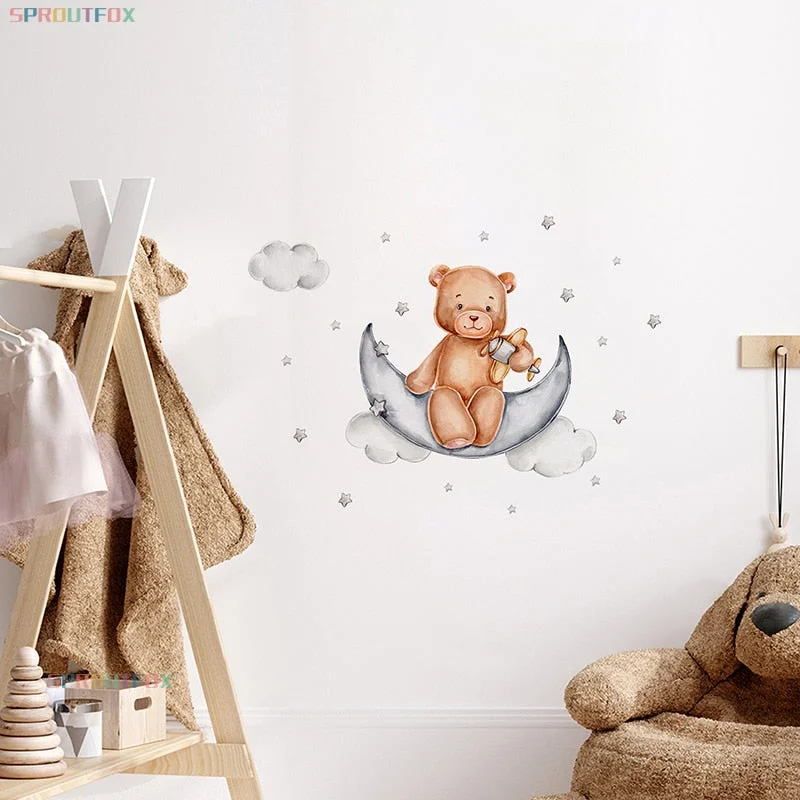 Animal Bear Pattern Wall Stickers For Kids Rooms PVC Wall Stickers Child Moon Wall Stickers For Children's Room Wallpaper
