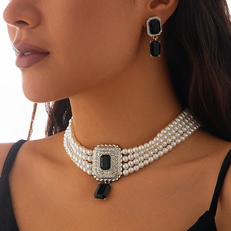 Elegant Rhinestone Beaded Multi-Layer Necklace & Earrings 2Pcs Set