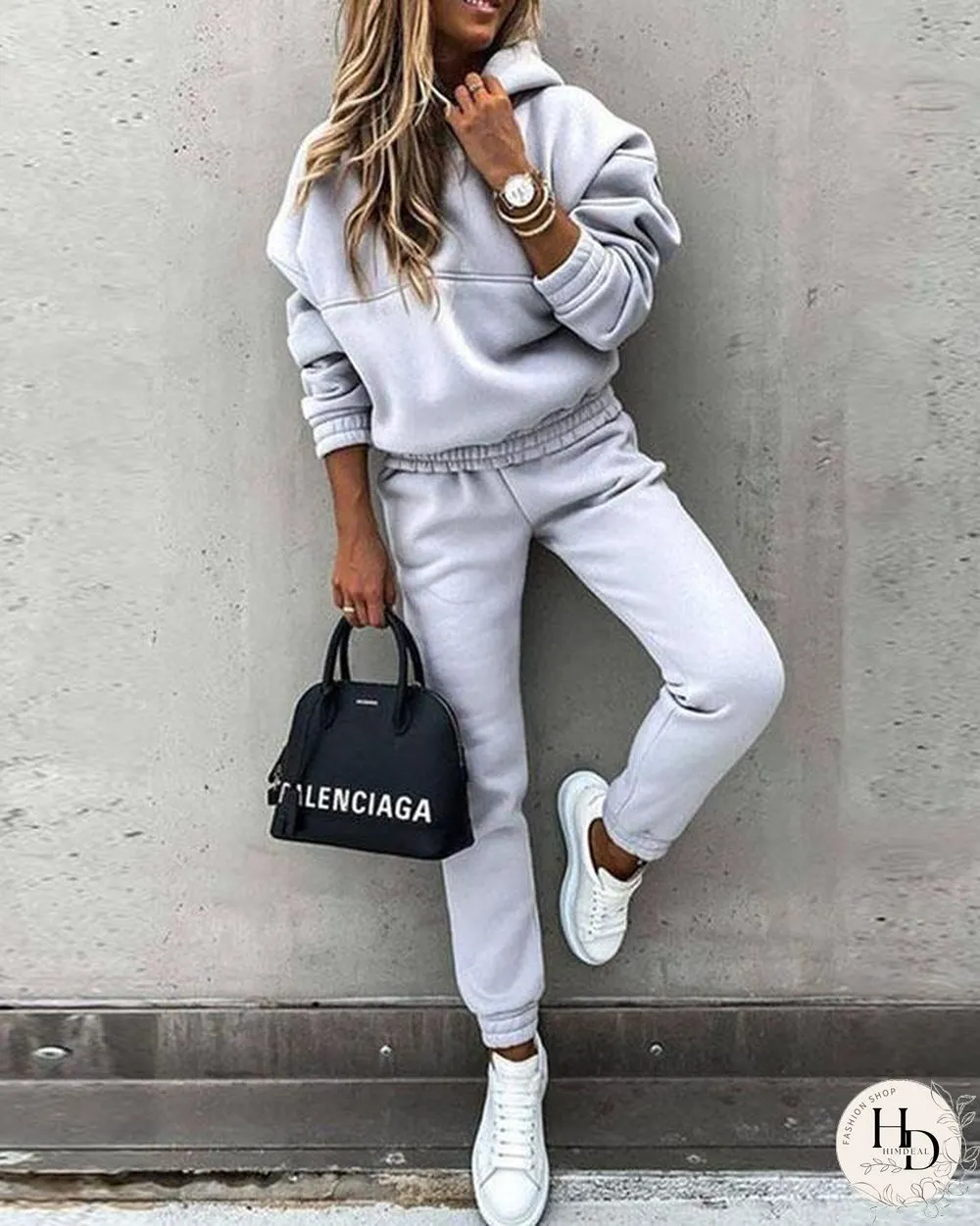Casual Plain Color Hoodie Top & Pants Set