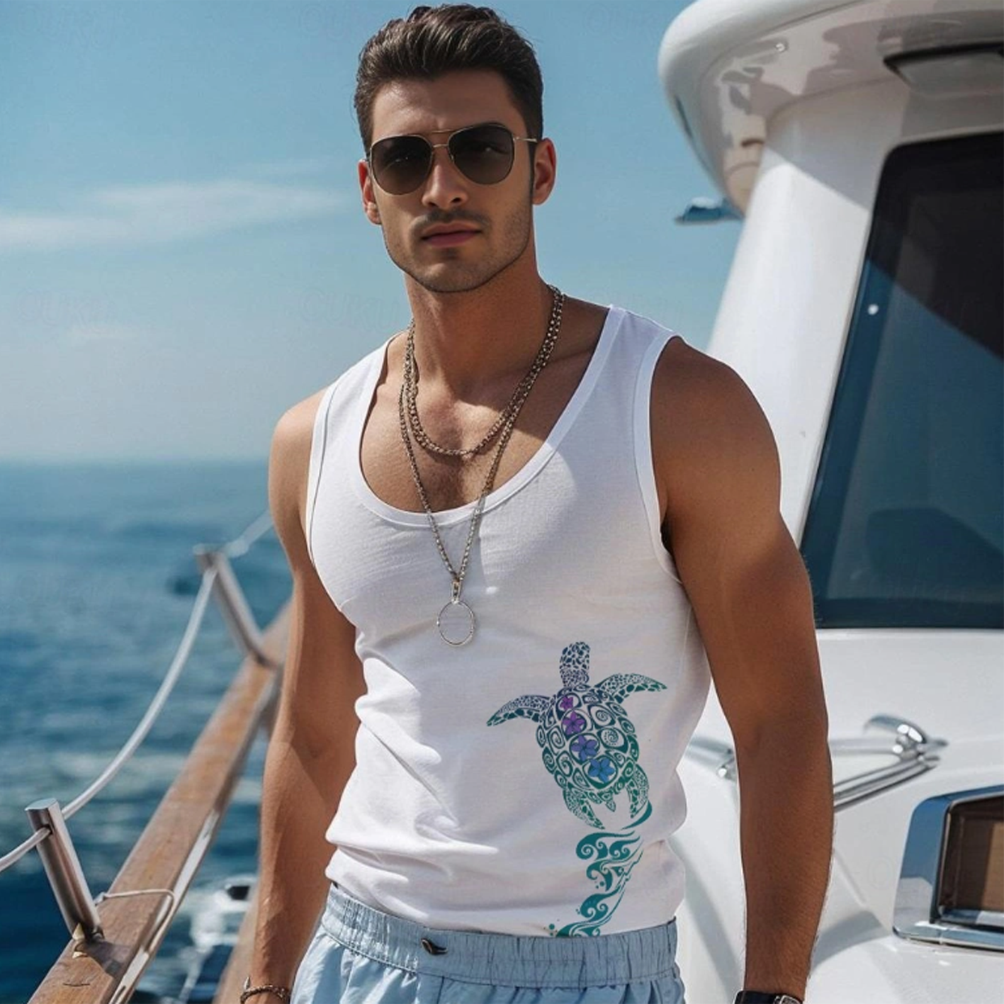 Stylish White Tank Top with Colorful Turtle Design for Summer