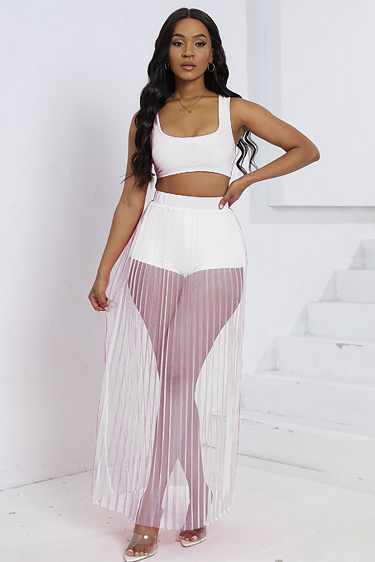 Square Neck Sleeveless Crop Top Shorts See Through Pleated Mesh Maxi Skirt Three-Piece Set-Pink