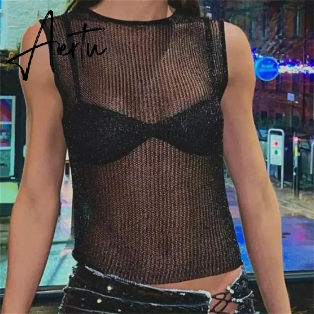 Sliver Women's Sleeveless Slim Fit Tank Tops Casual See-Through Top Vest Corect Sequin Scoop Neck Tank Top Glitter Outfits Aiertu