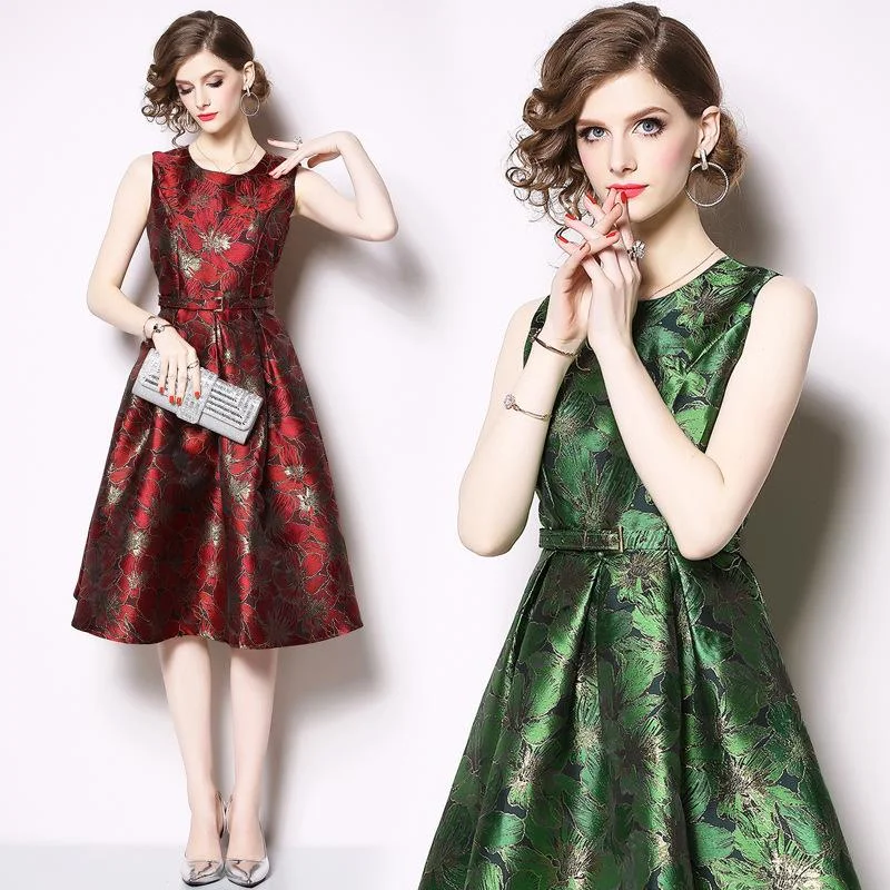 Retro Sleeveless Jacquard Dress Slim A-line Skirt