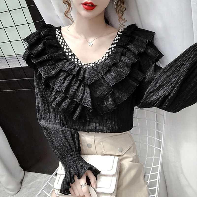 New Stylish Lace Ruffle Stitching Blouse Women V Neck Ladies Shirt 2021 Fall Lantern Long Sleeve Korean Vintage Solid Top 12074