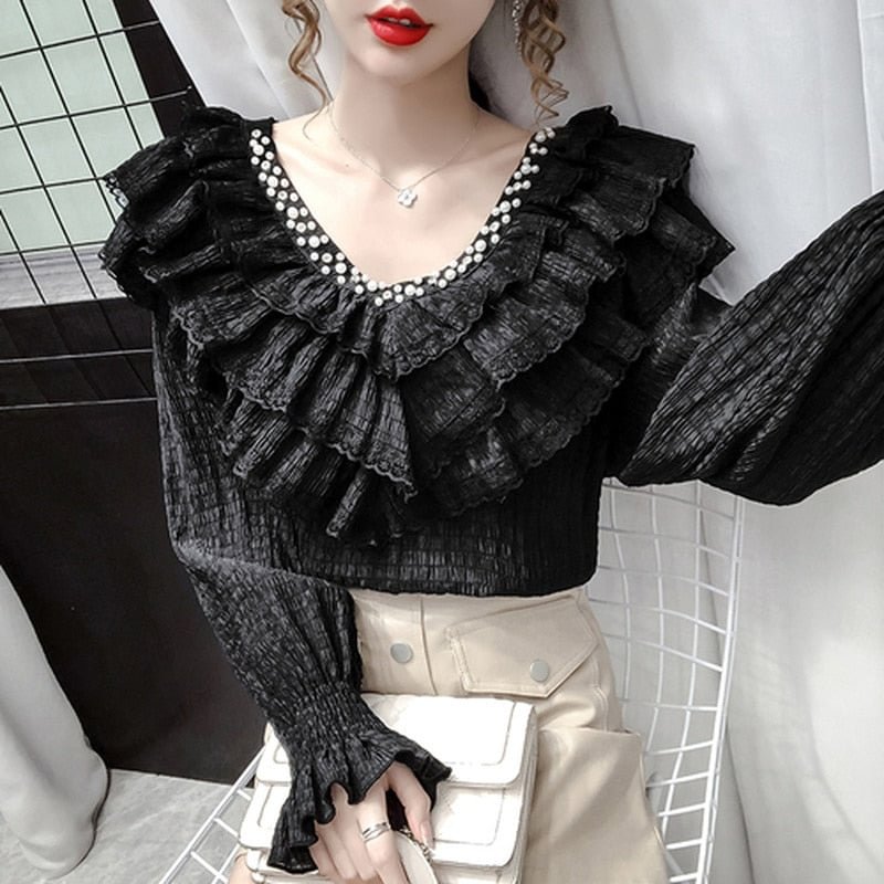 New Stylish Lace Ruffle Stitching Blouse Women V Neck Ladies Shirt 2021 Fall  Lantern Long Sleeve Korean Vintage Solid Top 12074