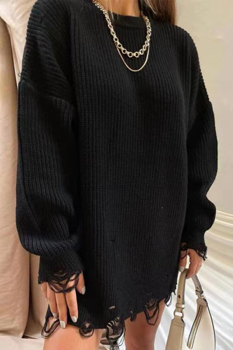 Street Solid Ripped O Neck Straight Dresses