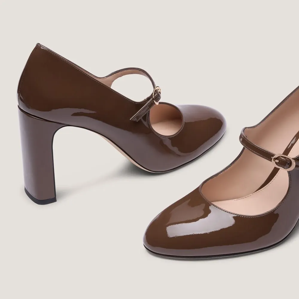 Brown Patent Leather Buckle Strap Round Toe Block Heeled Mary Janes