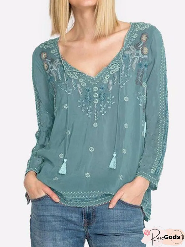 Embroidered Long Sleeve Blouse - Rose