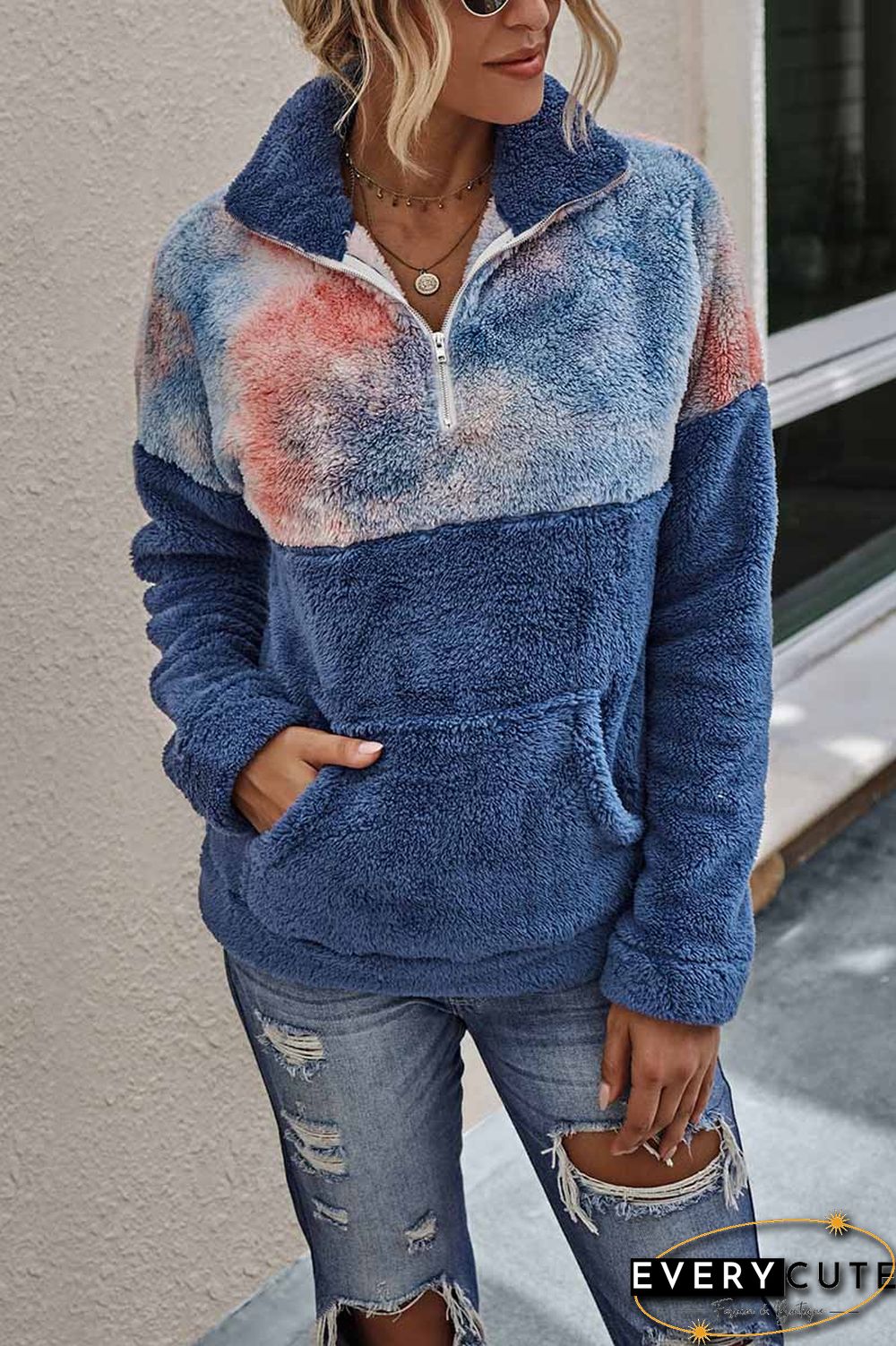 Tie-Dye Stitching Plush Top With Pockets