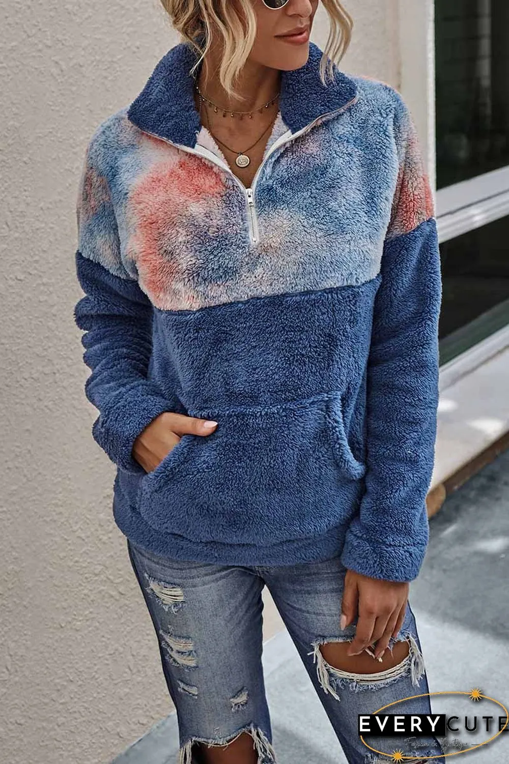 Tie-Dye Stitching Plush Top With Pockets