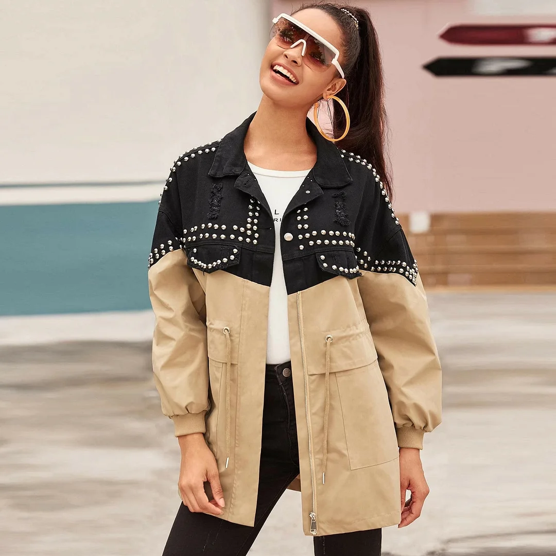 Women's Color Block Splicing Denim Jacket Loose Trench Coat