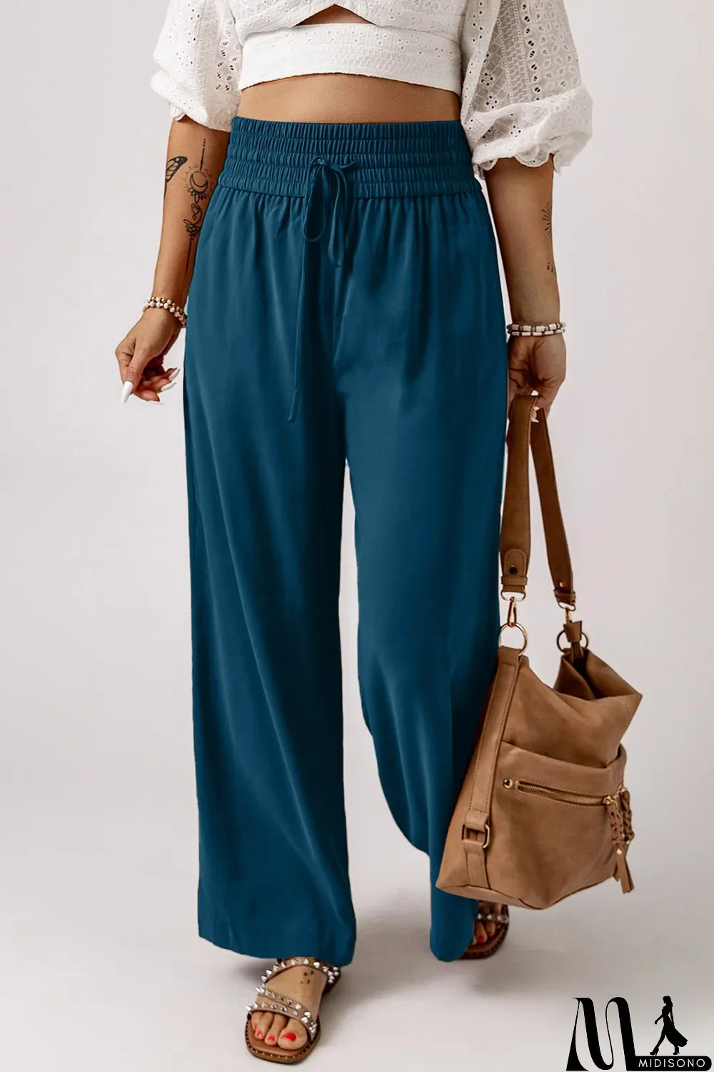 MidiSono - Blue Drawstring Elastic Waist Casual Wide Leg Pants