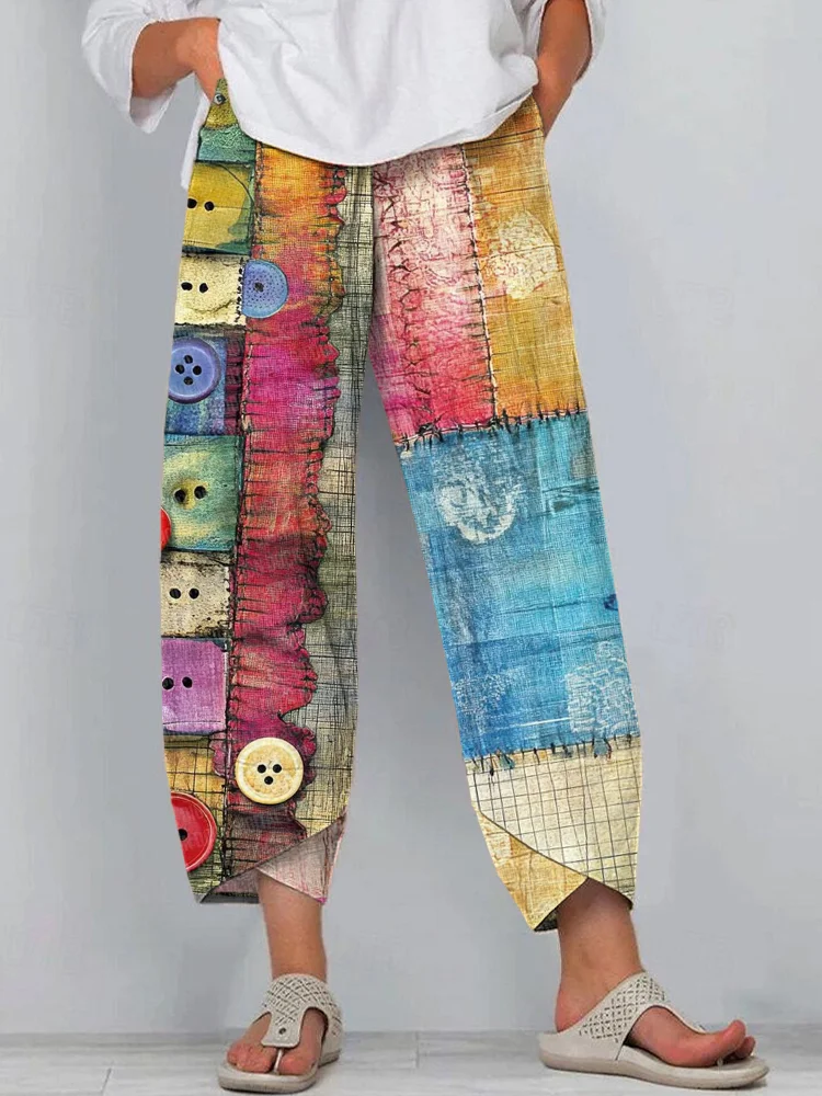Women's Multicolor Button Design Patchwork Linen Blend Pants