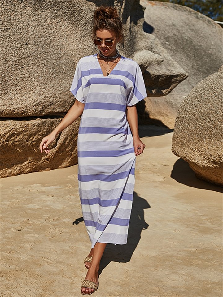 Fashion  V-neck striped print short-sleeved dress summer loose casual temperament mid-length open skirt -vasmok