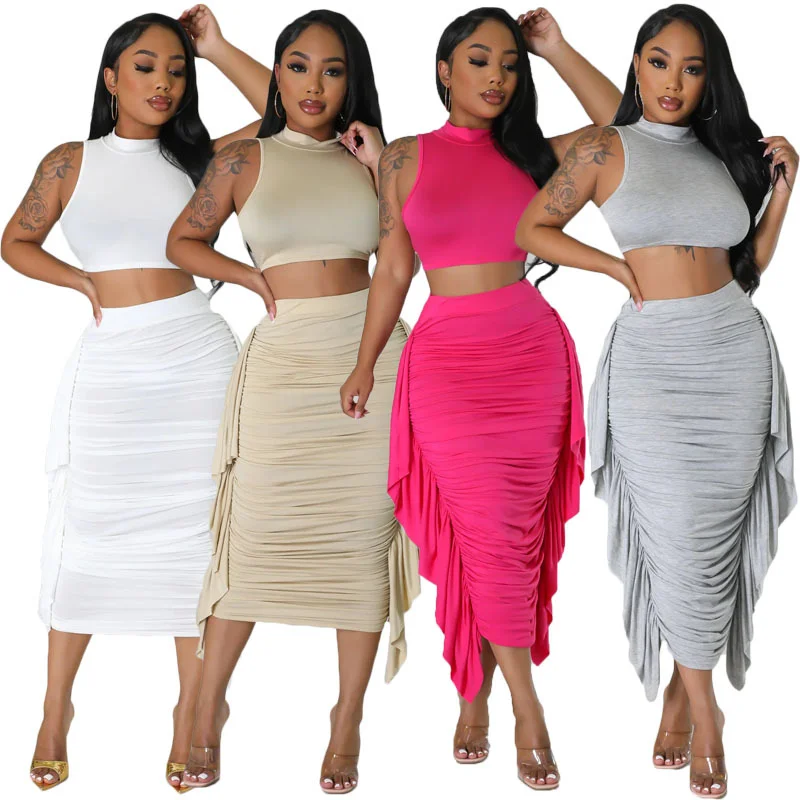 Solid Color Ruffled Navel Cropped Sundress Set | IFYHOME