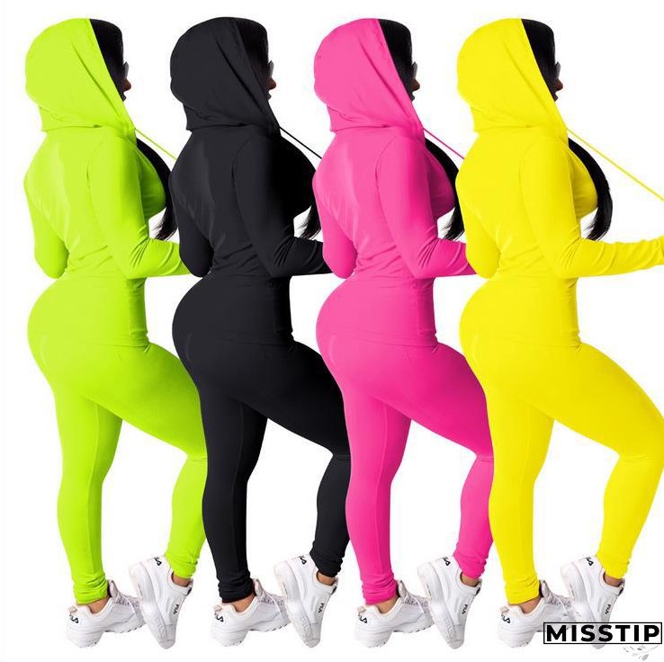 Spring Sexy Casual Solid Color Hooded Two Piece Tracksuit