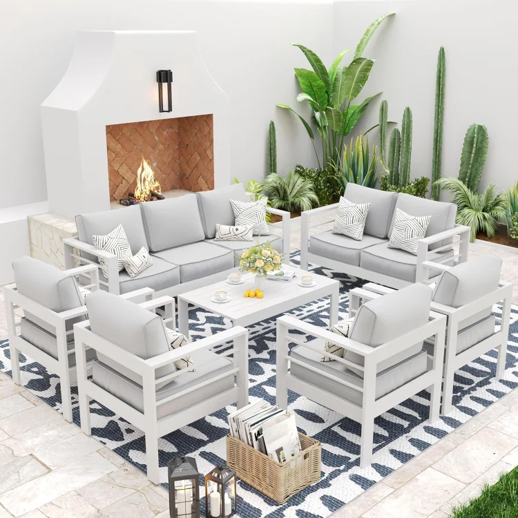 7 Pieces Aluminum Patio Furniture Set Modern Outdoor Furniture Patio Set, 9 Seat Outdoor Seating Set with Olefin Thick Cushion for Patio (Include Waterproof Sofa Cover)