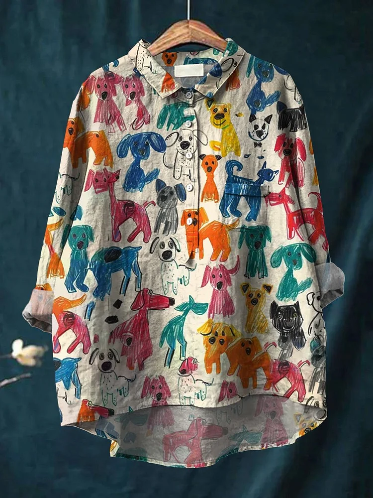 Women's Kid Drawing Art Dog Art Print Casual Cotton And Linen Shirt