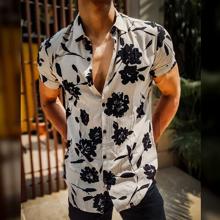 BrosWear Men'S Hawaiian Ink Flower Print Short Sleeves Shirt