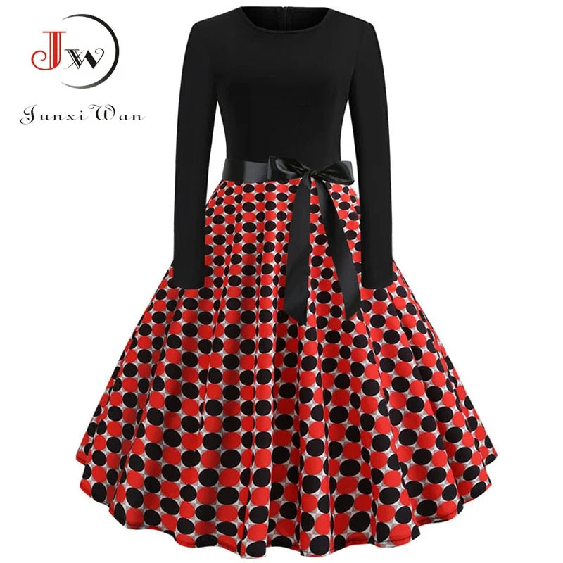 Floral Print Vintage  Women New Spring Elegant Party Long Sleeve Casual Black Patchwork Midi Dress