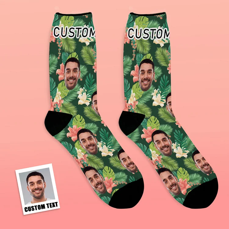 Custom Face Hawaiian Socks With All Over Print Leaves And Flowers