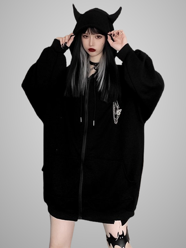 Dark Cool Catlike Brooch Decorated Loose Zip Hoodie