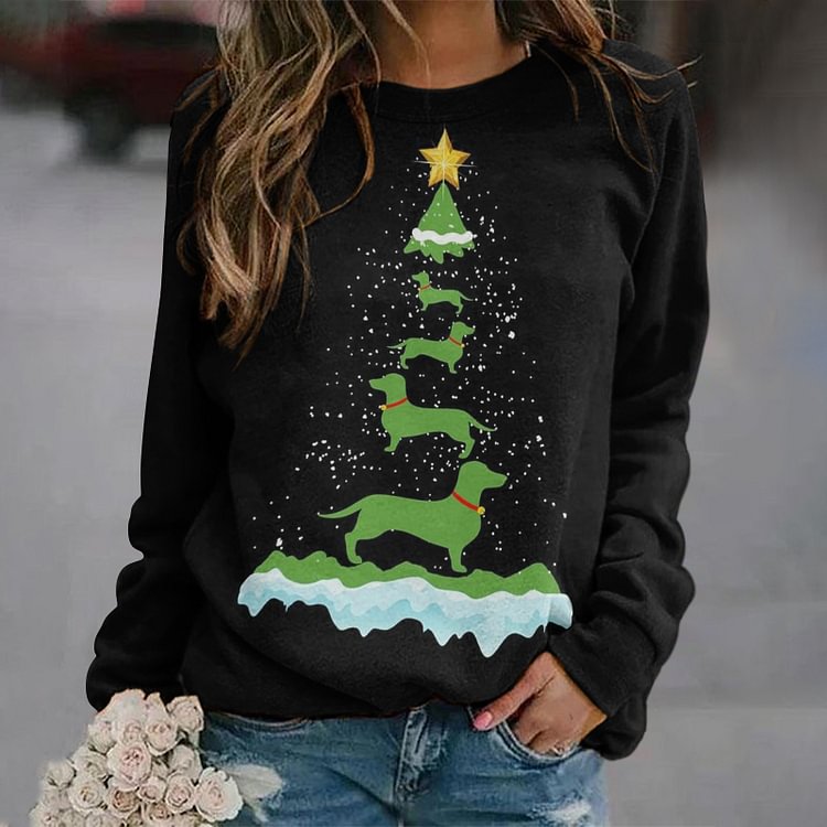 Vefave Dog Christmas Tree Print Casual Sweatshirt