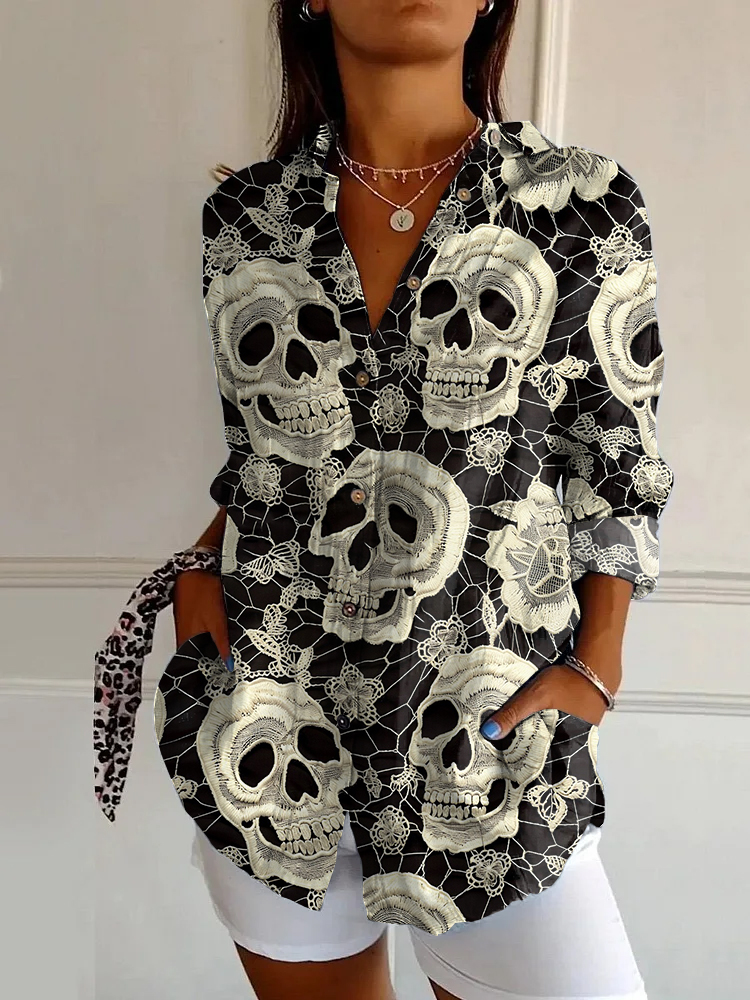 Halloween Vintage Crochet Floral Skull Long Sleeve Shirt