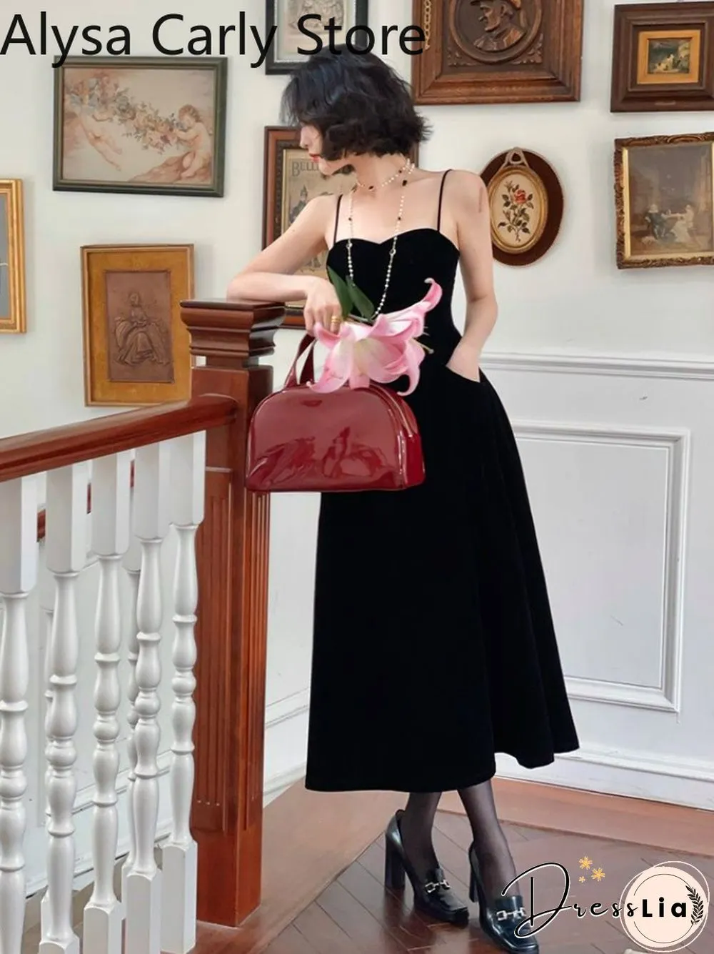 French Vintage strap dress women red elegant Korean party midi female sexy backless