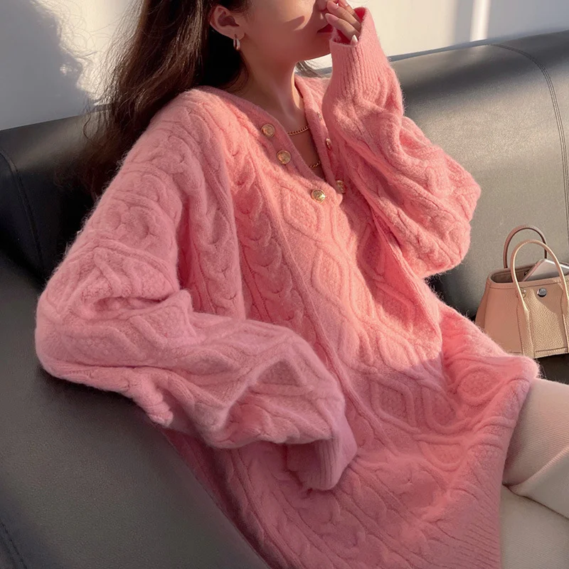 Churchf Churchf V-Neck Twist Sweater Female 2024 Autumn And Winter New Temperament Gentle Head Knit Jacket Loose Coat