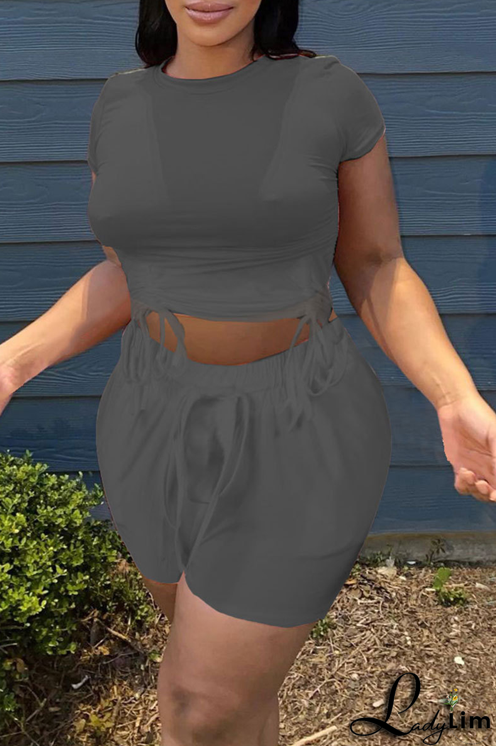 Rose Red Fashion Solid Draw String O Neck Short Sleeve Two Pieces