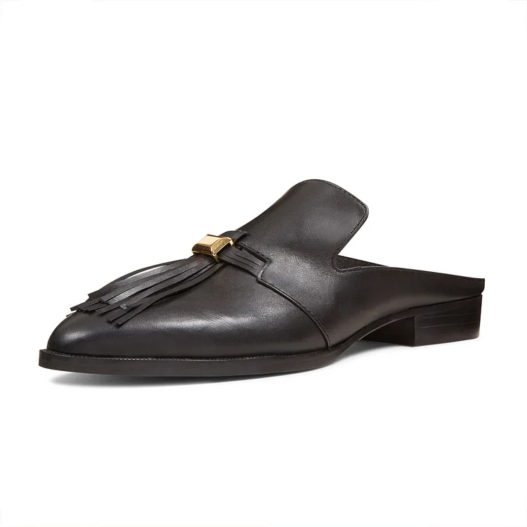 Black Pointed Toe Comfy Flats Fringe Mule Loafers for Women |FSJ Shoes