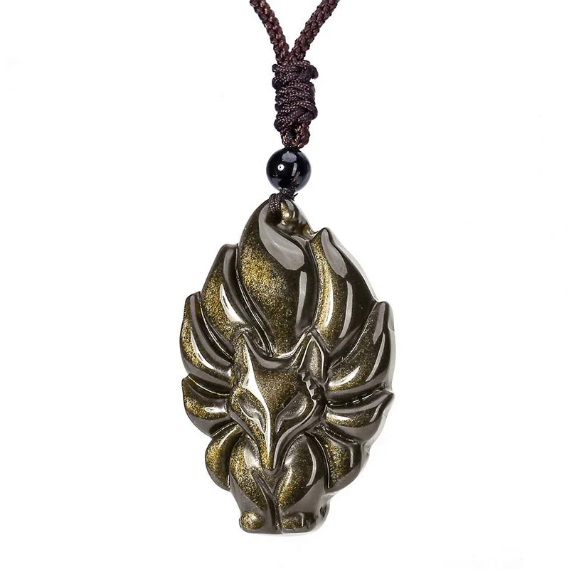 Natural Fluorite Gold Sheen Obsidian Fox Pendant Protection Necklace