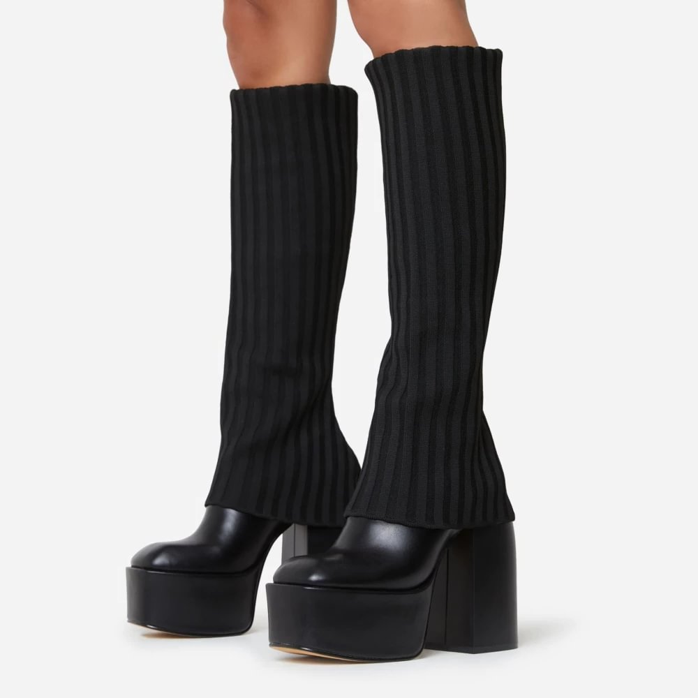 Full Black Leather Boots With Platform Chunky Heel Knee High Boots Nicepairs