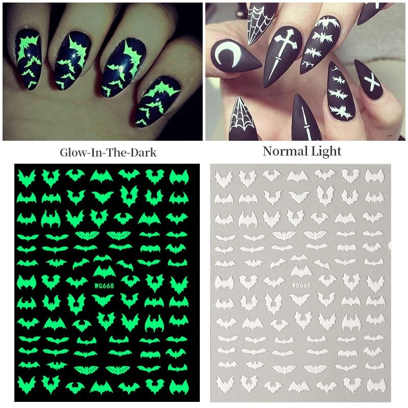 3D Luminous Nail Stickers Halloween Pumpkin Spider Star Moon Transfer Sliders  Winter Glow In The Dark Nail Art Decoration-Nail Inspo
