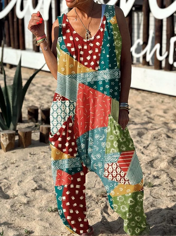 Retro Floral Pattern Hippie Art Print Casual 100% Cotton Wide Leg Jumpsuit