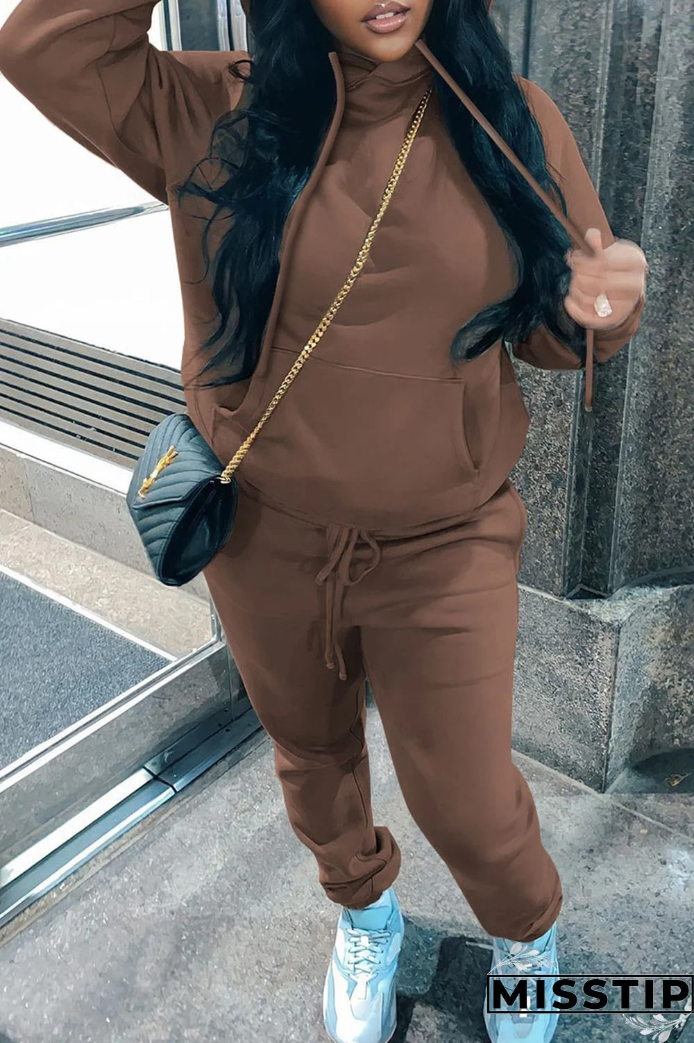 Blue Casual Solid Patchwork Hooded Collar Long Sleeve Two Pieces