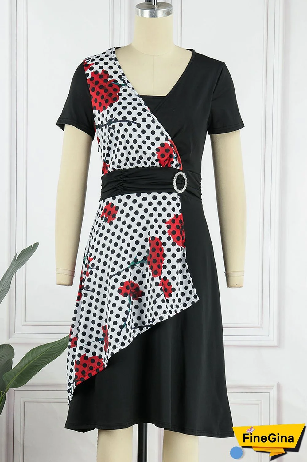 Black White Casual College Print Patchwork V Neck A Line Dresses