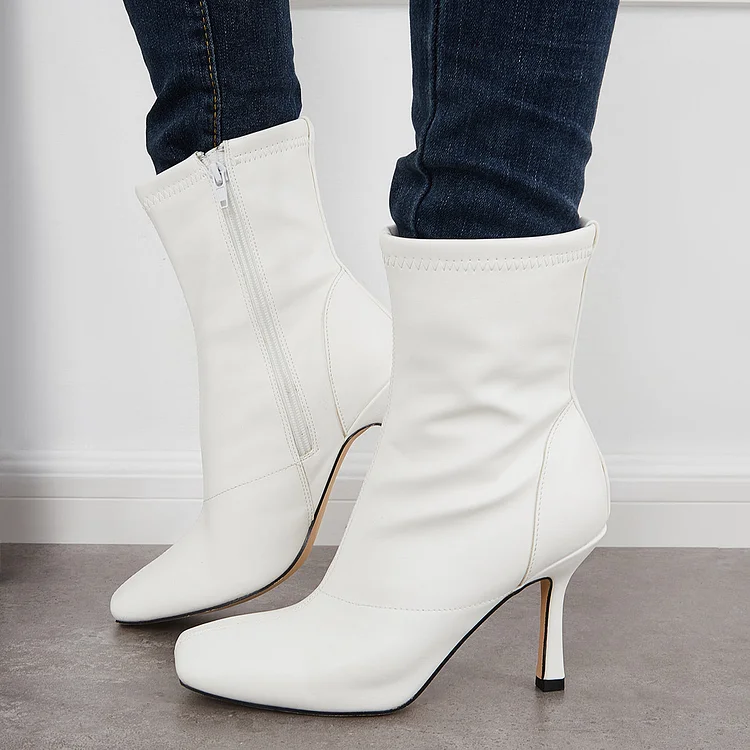 Square Toe Mid Calf Booties Stiletto Heels Zipper Ankle Boots